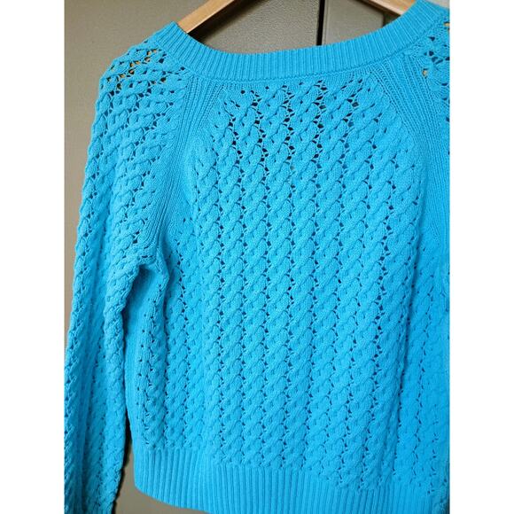 Talbots Open Stitch V-Neck Pullover 100% cotton deep sea blue coastal Mermaid - Picture 7 of 15